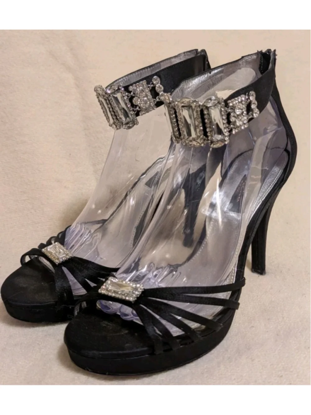 Nina New York Black Rhinestone Heels Size 9.5M Ankle Strap F95 Zipper Prom